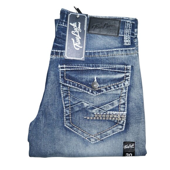 NEW True Luck Dark Wash Jeans Men's Size 30x30 Thick Stitch Straight Leg BKE - Picture 1 of 9